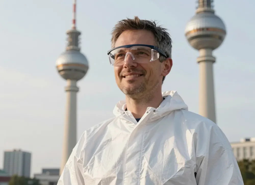 Schädlingsbekämpfer vor der Berliner Skyline mit Fernsehturm