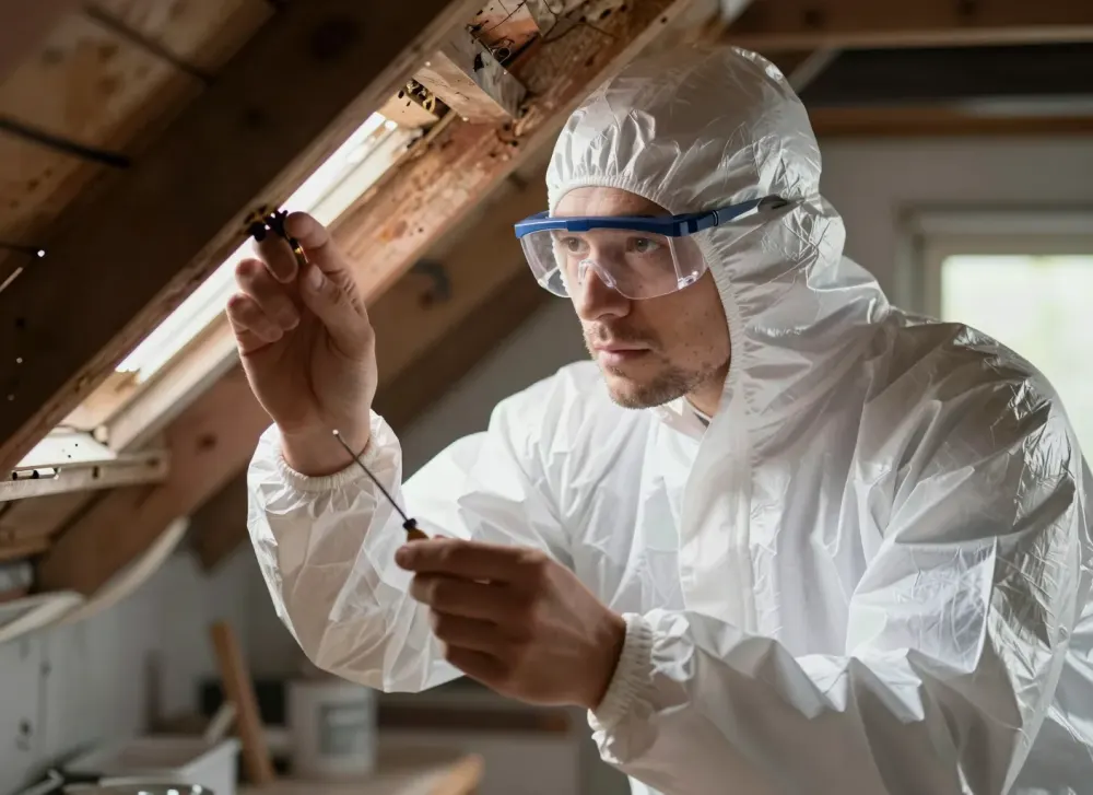 Kontrolle eines Dachbodens auf Marderspuren und Zugänge