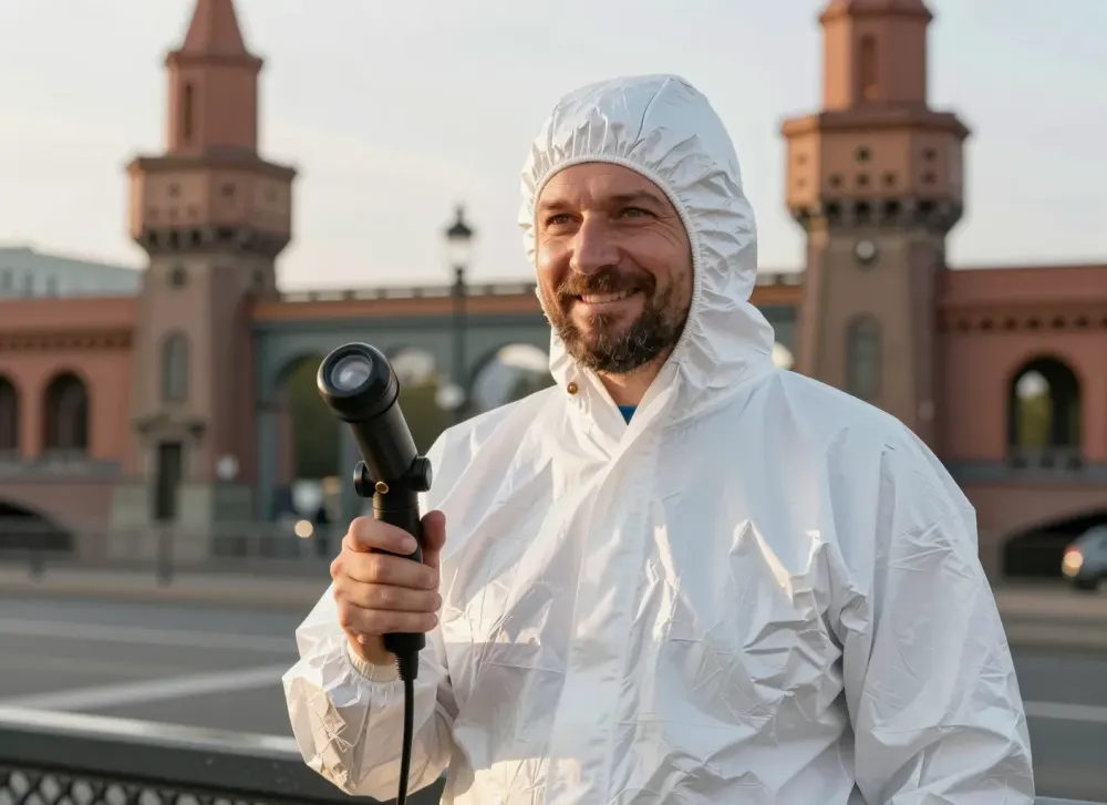 Schädlingsbekämpfer an der Oberbaumbrücke am Rand von Kreuzberg