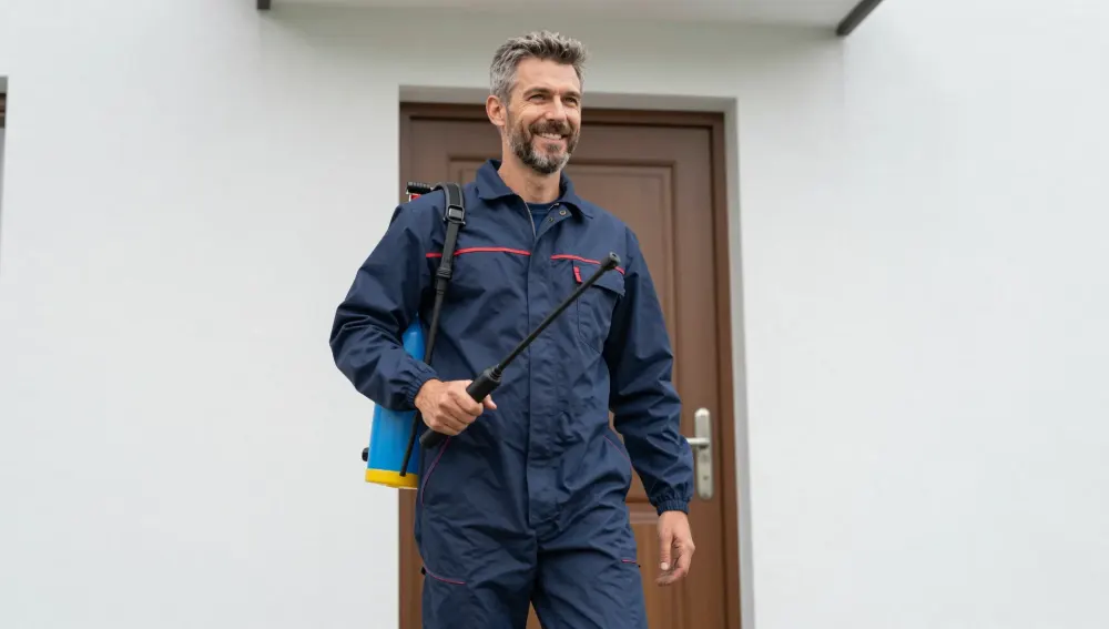 Schädlingsbekämpfer im Gespräch an einer Wohnungstür