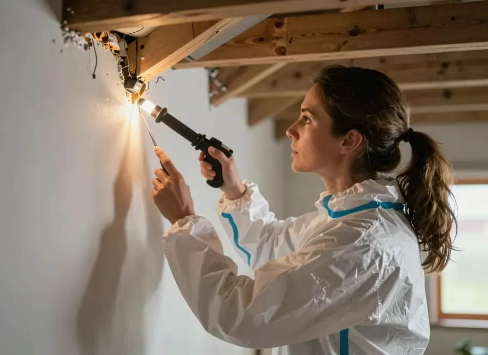 Schädlingsbekämpfer untersucht eine Hausfassade nach Einflugstellen