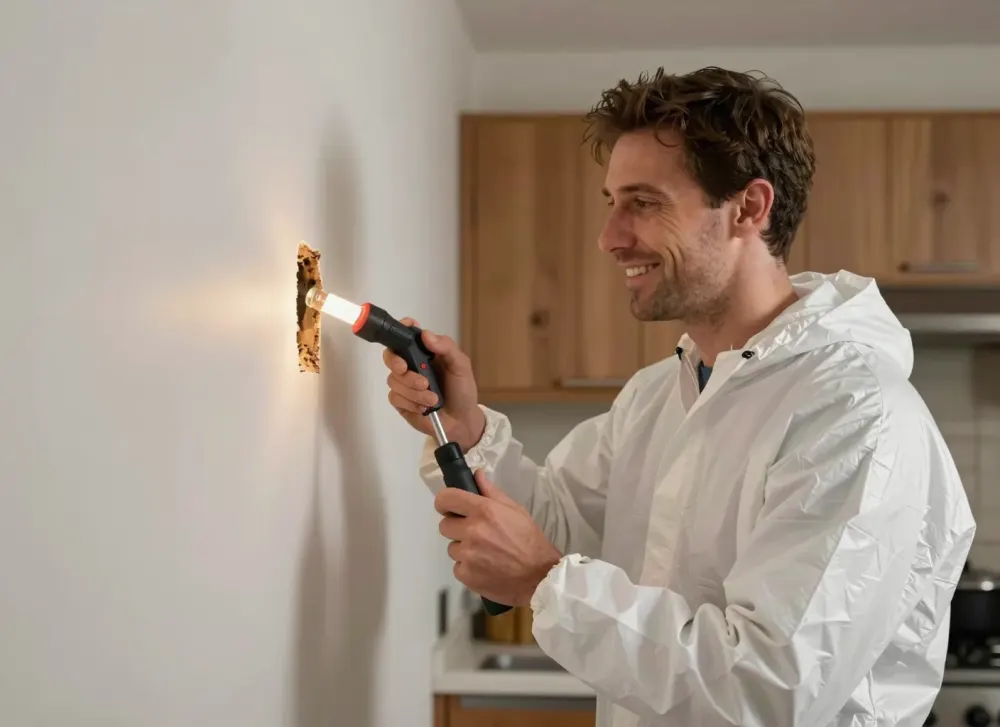 Schädlingsbekämpfer untersucht eine Hausfassade nach Einflugstellen