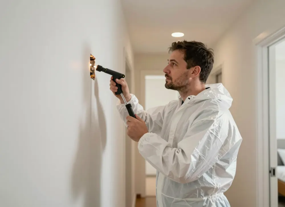 Schädlingsbekämpfer untersucht eine Hausfassade nach Einflugstellen